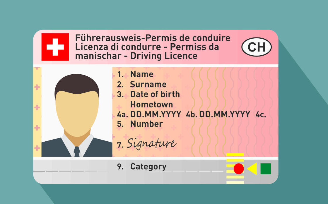 Swiss car driver license identification. Flat vector illustration. Switzerland.